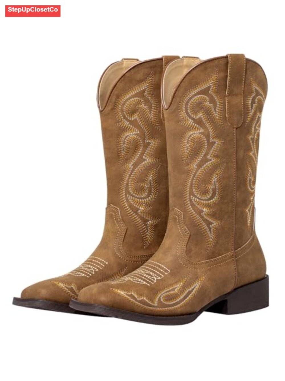 Wide Calf Square Toe Mid Calf Western Cowboy Boots Faux Leather